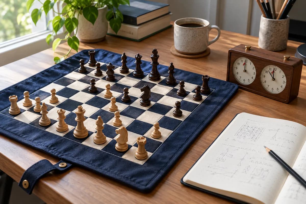A chess practice position beside a study notebook and chess clock
