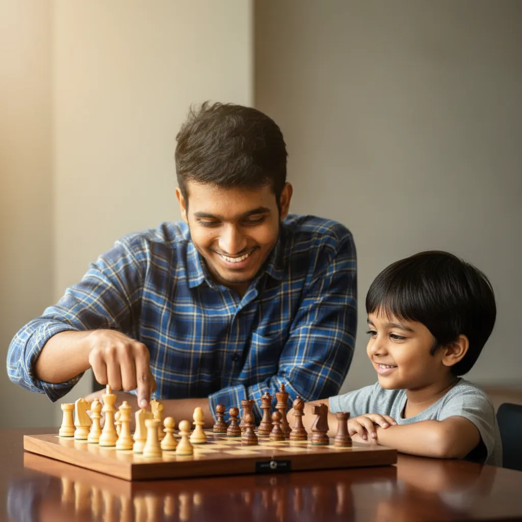A child and an adult exploring a chess position together